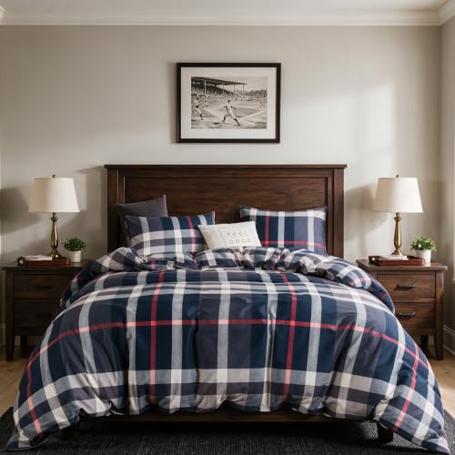 CLOTHKNOW Blue Plaid Queen Comforter Set 3Pcs Buffalo Tartan Bedding Comforter Sets Soft Grid Comforter with 2 x Pillow Cases