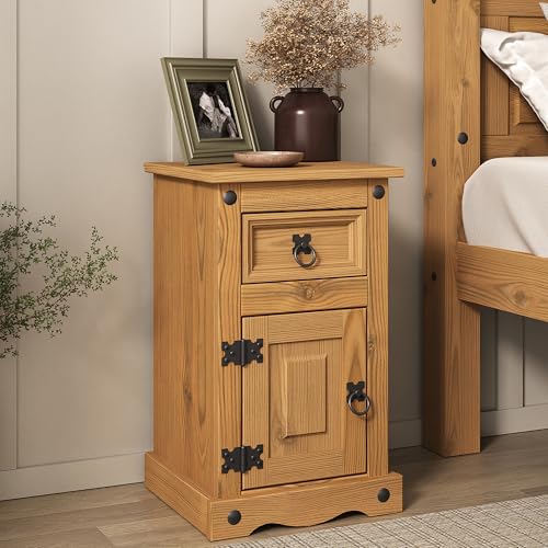 Corona Bedside Table 1 Door 1 Drawer Cabinet Mexican Solid Pine with Wax Finish Black Metal Hardware W 35cm D 33cm H 58cm
