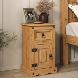 Corona Bedside Table 1 Door 1 Drawer Cabinet Mexican Solid Pine with Wax Finish Black Metal Hardware W 35cm D 33cm H 58cm