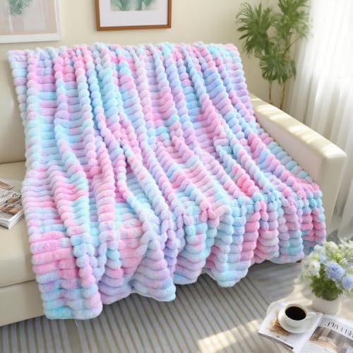 "Super Soft Faux Fur Plush Throw Blanket, Rainbow Tie-Dye Pattern, Pastel Blue and Pink, Decorative Cozy Blanket for Couch Bed,Gift for Women (Throw (49"" x 63""),Blue and Pink)"