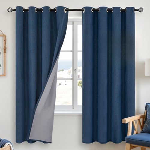 YoungsTex Linen Blackout Curtains for Bedroom, Full Light Blocking Burlap Textured Drapes for Living Room Farmhouse Thermal Insulated Blinds with Grommet, Navy, 2 Panels, 52 X 72 Inch