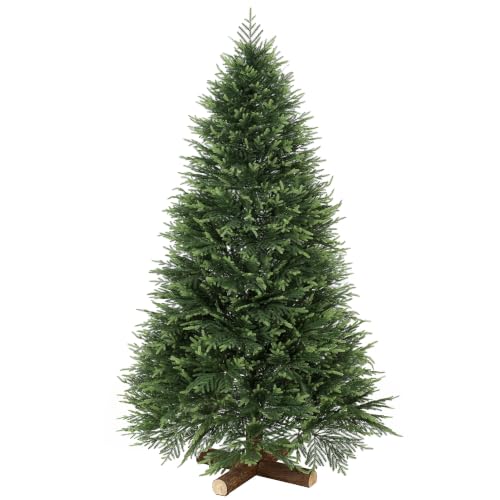 HOMCOM 7ft Artificial Christmas Tree with Fir Wood Base, Green - Realistic PE & PVC Foliage, Auto-Open Hinged Branches for Easy Assembly, Indoor Christmas Decor