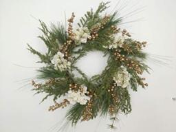 55cm Natural Looking Artificial Green Leaves, Golden Berries and White Hydrangea Flowers Wreath Front Door Hanging Christmas Decorations Wedding Xmas Decorative Garland, 15709