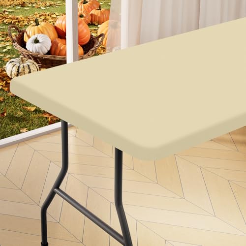 "Homing Rectangle Table Cloth Cover, Waterproof Polyester Elastic Fitted Tablecloth, Fits for 8 Foot Folding Tables, Washable Table Protector for Picnic, Camping, Outdoor (Champagne, 30"" x 96"")"