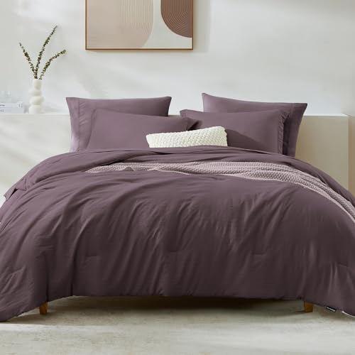King Size Comforter Set- 7 Pieces Prewashed Bed in a Bag King Bedding Sets - Soft All Season Comforter with Sheets, Pillow Shams & Pillowcases,Artic Plum