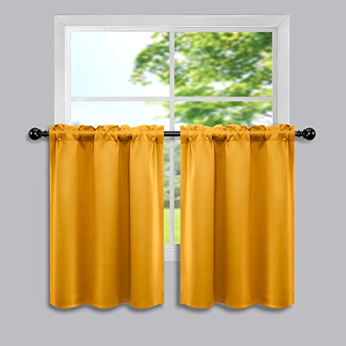 Mrs.Naturall Yellow Thermal Insulated Blackout Curtains, Short Cafe Tiers for Kitchen Bathroom Bedroom Small Window