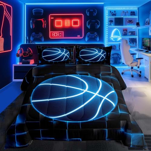 Feelyou Basketball Comforter Set Queen Size Kids Gaming Sports Comforter for Boys Teens Blue and Black Bedding Set Geometric Honeycomb Duvet Set Room Decor Quilt Set