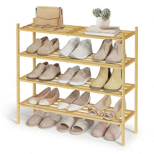 SONGMICS Bamboo Shoe Rack, 4-Tier Stackable Space-Saving Storage Shelf for Entryway, Living Room, Bedroom, Garage, Holds 15-20 Pairs, 25 x 70 x 68.5 cm, Natural Colour LBS054YL01