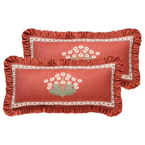"bilin gaier Throw Pillow Covers Pack of 2,Red Cozy Velvet with Leaves and Floral Pattern Pillowcases,Decoration Longer Lumbar Pillows Cushion Covers for Living Room Couch Sofa Bed Car Chair,12""x28"""
