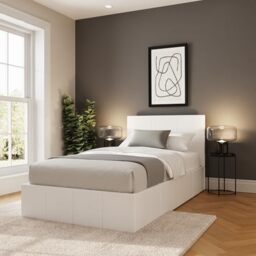 GFW Classic Side Lift Single White Faux Leather Ottoman Bed, Storage Bed with Hydraulic Lift and Stitched Headboard