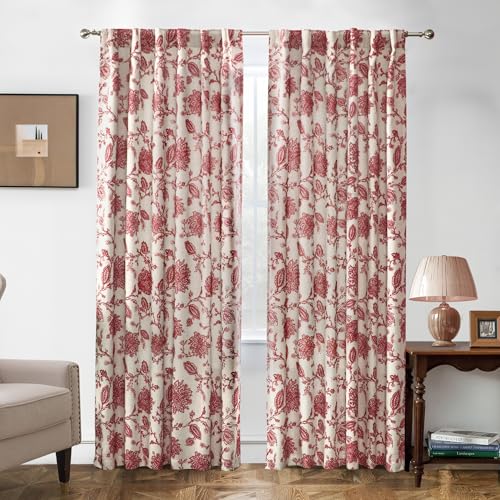 DriftAway Linen Floral Paisley Blackout Curtains, W52 x L96, Red - Back Tab Rod Pocket, Farmhouse, Jacobean, Bedroom, Living Room, Thermal Insulated, Linen Blend, Lined, Room Darking
