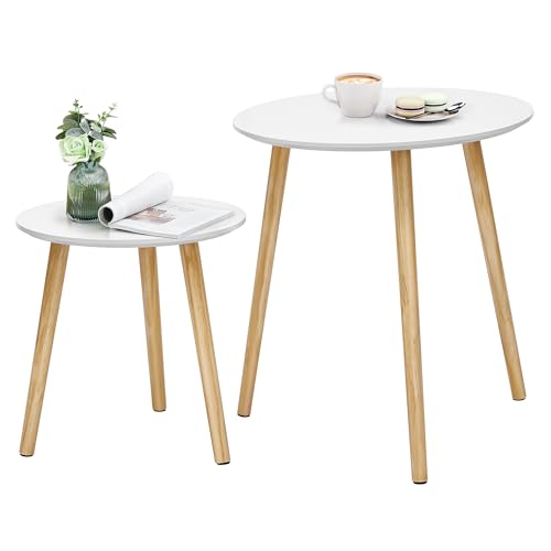 SONGMICS Nesting Side , Round End , Set of 2, Scandinavian Minimalist Coffee with Solid Pine Wood Legs, White and Natural LET07WN