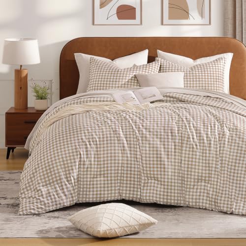 Andency Tan Gingham Comforter Set Twin, Brown Checkered Grid Plaid Bedding - 2 Pieces Lightweight Soft Bed Set for Teens Boys Girls Kids Teens, Geometric Reversible Preppy Bedding as Gift (66x90Inch)