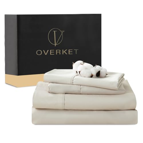 Overket 100% Egyptian Cotton Sheets King Size 4PCS 1000 Thread Count Sateen Weave Soft Breathable 16-Inch Deep Pocket ???King,Linen???