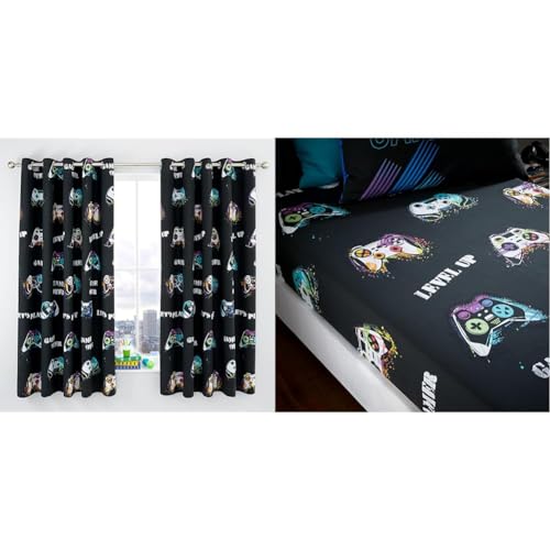 Catherine Lansfield Game Over 66x72 Inch Fully Reversible Eyelet Curtains Two Panels Black & Kids Game Over Double Fitted Sheet Black