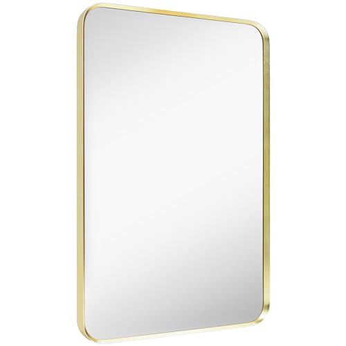 "Minuover Wall Mount Mirror for Bathroom, Brushed Gold Metal Framed Rounded Corner Rectangular Vanity Mirror (16"" x 20"", Gold)"