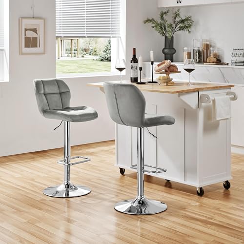 Yaheetech 2PCS Velvet Adjustable Swivel Bar Stools w/Backrest, Light Grey
