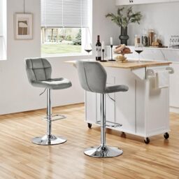 Yaheetech 2PCS Velvet Adjustable Swivel Bar Stools w/Backrest, Light Grey