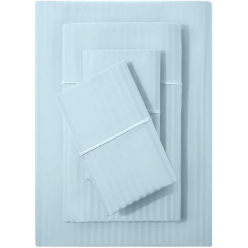 "Feather & Stitch 500 TC Split King Size Sheet Set, 5 piece Bed Sheets Set-2 Twin Fitted Sheet, 1 King Flat Sheet & 2 King Pillowcases, 18"" Deep Pockets Sateen Weave Striped Bedsheet - (Aqua Stripe)"