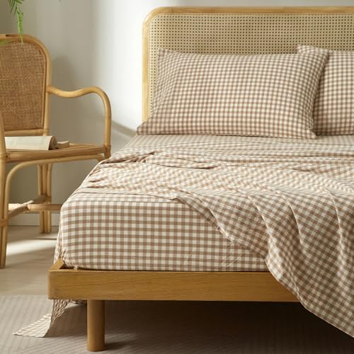 LifeTB Tan Gingham Sheets Set Twin XL, Breathable Soft 100% Washed Cotton Beige Taupe Plaid Bed Sheets with 16??? Deep Pocket, Vintage Checkered Gingham Bedding Farmhouse Tan Brown Grid Sheets Set