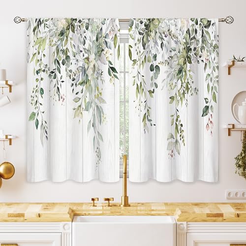 Oolygoo Farmhouse Wooden Eucalyptus Small Kitchen Curtains Watercolor Leaves Window Treatment Flower Floral Plant Botanical Cafe Short Curtains for Bathroom Dining Fall Tier Treatment Drape 26x30 inch