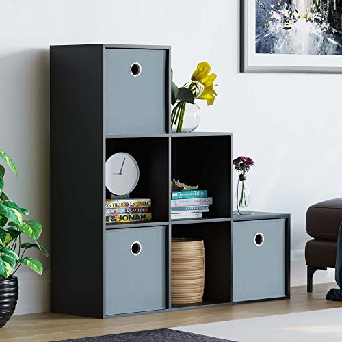 Vida Designs Durham Staircase Bookcase Shelves Storage Organiser Living Room Furniture (6 Cube & 3 Grey Baskets, Black)