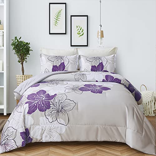 Menghomeus Queen Comforter Set Purple Floral Pattern Printed on Grey, Soft Microfiber Bedding Set Lightweight Bed Comforter Set for All Season (1 Comforter, 2 Pillowcases)