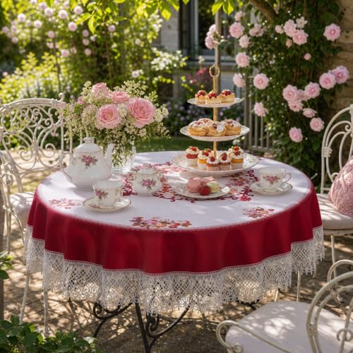 "ARTABLE Round Tablecloth Lace Rustic Macrame Embroidered Table Cloths for Harvest Dresser Decor Farmhouse Kitchen Home (Burgundy, 60"" Round)"