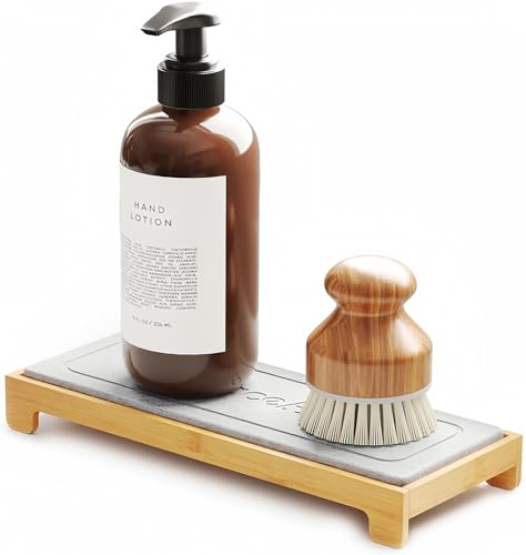 SpaceAid DryingNeat Instant Dry Sink Caddy Organizers, Kitchen Sponge Soap Holder Dispenser, Countertop Fast Drying Counter Tray Rack (Bamboo, Gray)