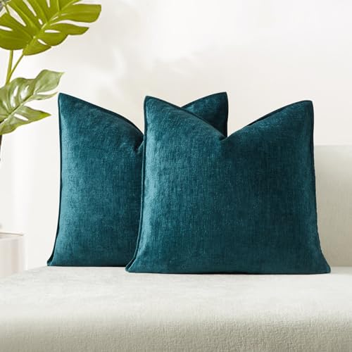 18x18 Chenille Decorative Throw Pillow Covers Case Set of 2,Peacock Blue - JUSPURBET Decorative Chenille Texture Cushion Covers,for Couch Bed Sofa Living Room Bedroom,Luxury Modern Home Decor