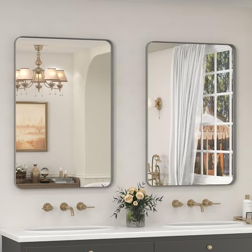 CHARMOR 2 Pack of 24x36 Inch Silver Brushed Nickel Bathroom Mirror for Wall, Rounded Rectangle Silver Framed Bathroom Vanity Mirror, Anti-Rust, Shatterproof, Hangs Horizontally or Vertically