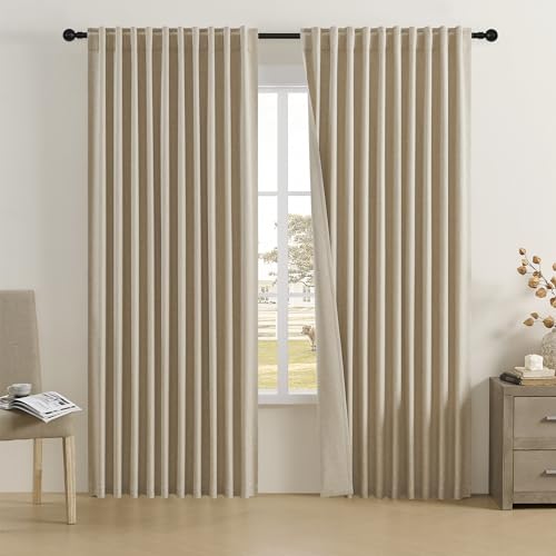 DUALIFE 2 Pcs Linen Blackout Curtains-Back Tab Rod Pocket Curtains 84 Inch Wide Pinch Pleated Drapes for Patio Sliding Glass Door,Farmhouse Curtains for Country Villa/Living Room,W84 x L96,Taupe