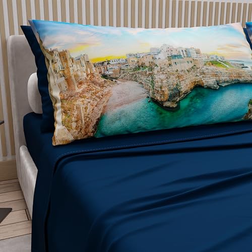 PETTI Artigiani Italiani - Cotton Sheets with Pillowcases in Digital Print, Single Sheet, Complete Bed Set with Polignano Sea Blue Night Design, 100% Made in Italy