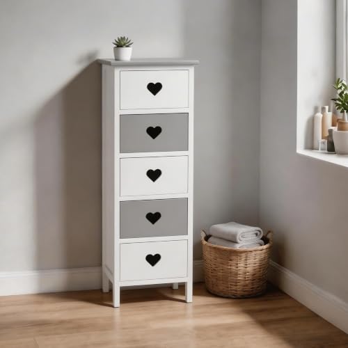 Home Source Heartswood Wooden Storage Drawer Tower with Cut Out Heart Handles, Slim Chest of Drawers, Bedroom Storage Cabinet, Bathroom Unit, Hallway Organiser, White & Grey, 4 Drawers