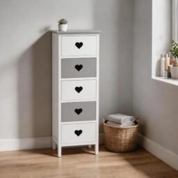 Home Source Heartswood Wooden Storage Drawer Tower with Cut Out Heart Handles, Slim Chest of Drawers, Bedroom Storage Cabinet, Bathroom Unit, Hallway Organiser, White & Grey, 4 Drawers