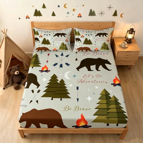 Homewish Happy Camping Bedding Set Full Size Hunt Bear Pine Trees Fitted Sheet for Kids Boys Men Adults Cabin Room Decor Campfire Arrow Cartoon Bed Sheet Wild Outdoor Adventure Deep Pocket Sheet 3pcs