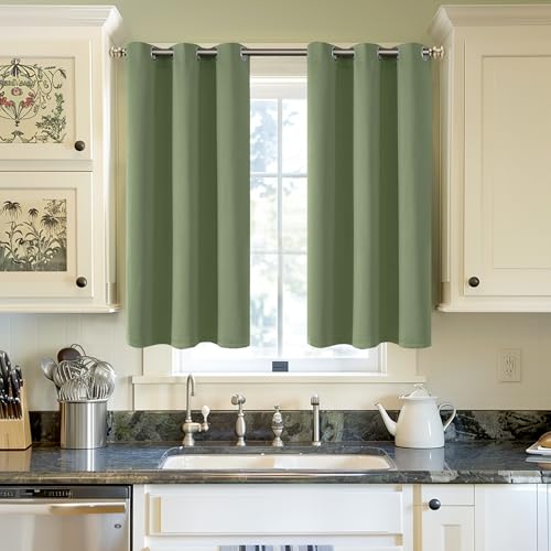 YoungsTex Olive Green Blackout Curtains 40 Inch Length for Kitchen Cafe Window - Short Thermal Insulated Drapes with Grommet Room Darkening for Bedroom Bathroom, 2 Panels, 42 x 40 Inch