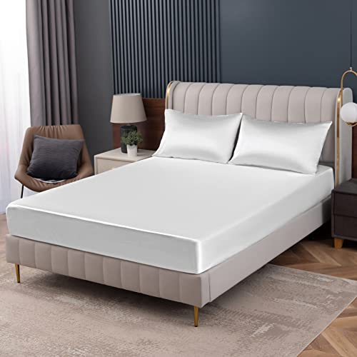 Homiest White Satin Fitted Sheet - Full Size, Deep Pocket, Luxury & Ultra Soft Bedding