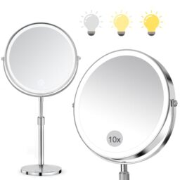 "SURFOU 8"" Makeup Mirror with Lights on Stand, 10X Lighted Magnifying Mirror with Height Adjustable Brightness & 3 Color Dimmable Lights, 2-Sided Height Adjustable Vanity Mirror - silver"