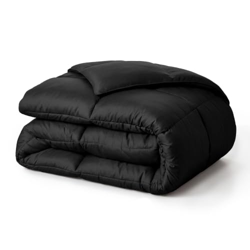 Superior Brushed Microfiber Solid Comforter, Down Alternative Bedding, Reversible, Medium Weight, Fluffy, Decorative, Duvet Insert, Oversized Blanket, Box Quilt Design, Twin/Twin XL, Black