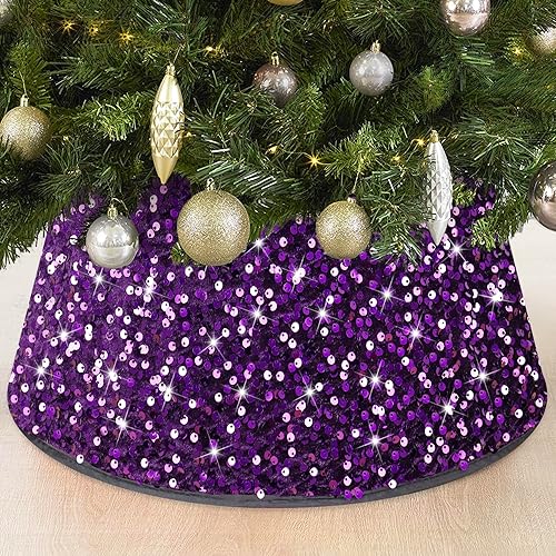 FOTSHARER Christmas Tree Collar Purple 23.6 Inch Double Layer Design Tree Skirt Ring Box Ornaments Shimmer Sequin Tree Collars Paillette Velvet Tree Stand Cover for Winter Holiday Party Decor