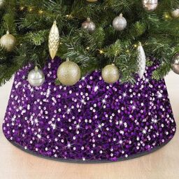 FOTSHARER Christmas Tree Collar Purple 23.6 Inch Double Layer Design Tree Skirt Ring Box Ornaments Shimmer Sequin Tree Collars Paillette Velvet Tree Stand Cover for Winter Holiday Party Decor