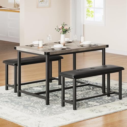 GarveeHome Dining Table with 2 Benches, 3 Piece Kitchen Table Set, Space Saving Dining Room Furniture, Metal Frame, for Kitchen Home Restaurant Bistro Patio Garden, 70D x 113W x 75H cm