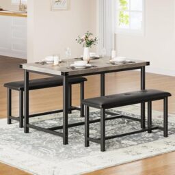GarveeHome Dining Table with 2 Benches, 3 Piece Kitchen Table Set, Space Saving Dining Room Furniture, Metal Frame, for Kitchen Home Restaurant Bistro Patio Garden, 70D x 113W x 75H cm