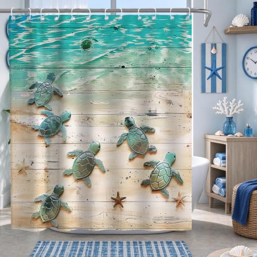 Final Friday Green Beach Sea Turtle Shower Curtain Nautical Teal Theme Fabric Bathroom Blue Ocean Decor with Grommets and Hooks 72 x 78 Inch Blue