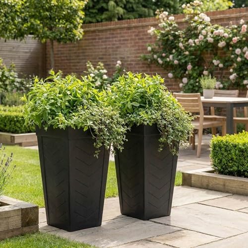 Nicoman 47.3L Tall Square Planter, 57cm Height, Black, Weather Resistant, Indoor and Outdoor Use, 37x37x57cm, Elegant Potted Plant for Patio, Garden, Balcony & Entrance (Chevron, Pack of 2)