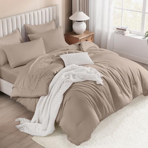 Litanika King Comforter Set with Sheets - 7 Pieces Solid Bed in a Bag - Light Coffee Fluffy Lightweight Soft Warm Down Alternative Solid All Season Bedding Set