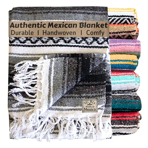 "Del Mex Classic Mexican Blanket, Large Authentic Woven Falsa Throw (70""x50""), Artisan Southwest D??cor for Beach, Yoga, Outdoors (Gray)"