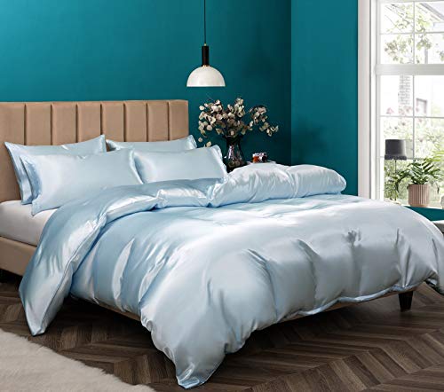 P Pothuiny 3 Pieces Satin Duvet Cover Twin/Twin XL Size, Luxury Silky Like Baby Blue Duvet Cover Bedding Set with Zipper Closure, 1 Duvet Cover + 2 Pillow Cases (No Comforter)