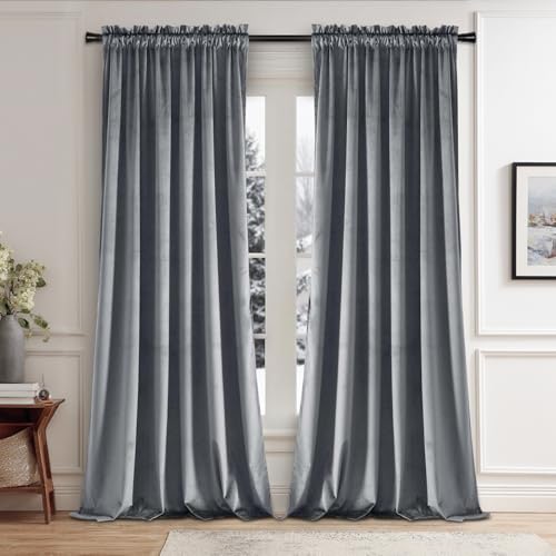 JIUZHEN Grey Velvet Curtains 108 inches for Living Room - Soft Retro Blackout Velvet Drapes Rod Pocket Room Darkening Thermal Insulated for Bedroom/Gallery, 70W x 108L, 2 Panels with Tiebacks